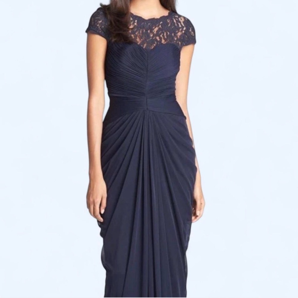 Adrianna Papell Navy Lace Ruched Gown Wedding Formal Evening Prom Elegant Sz 12‎